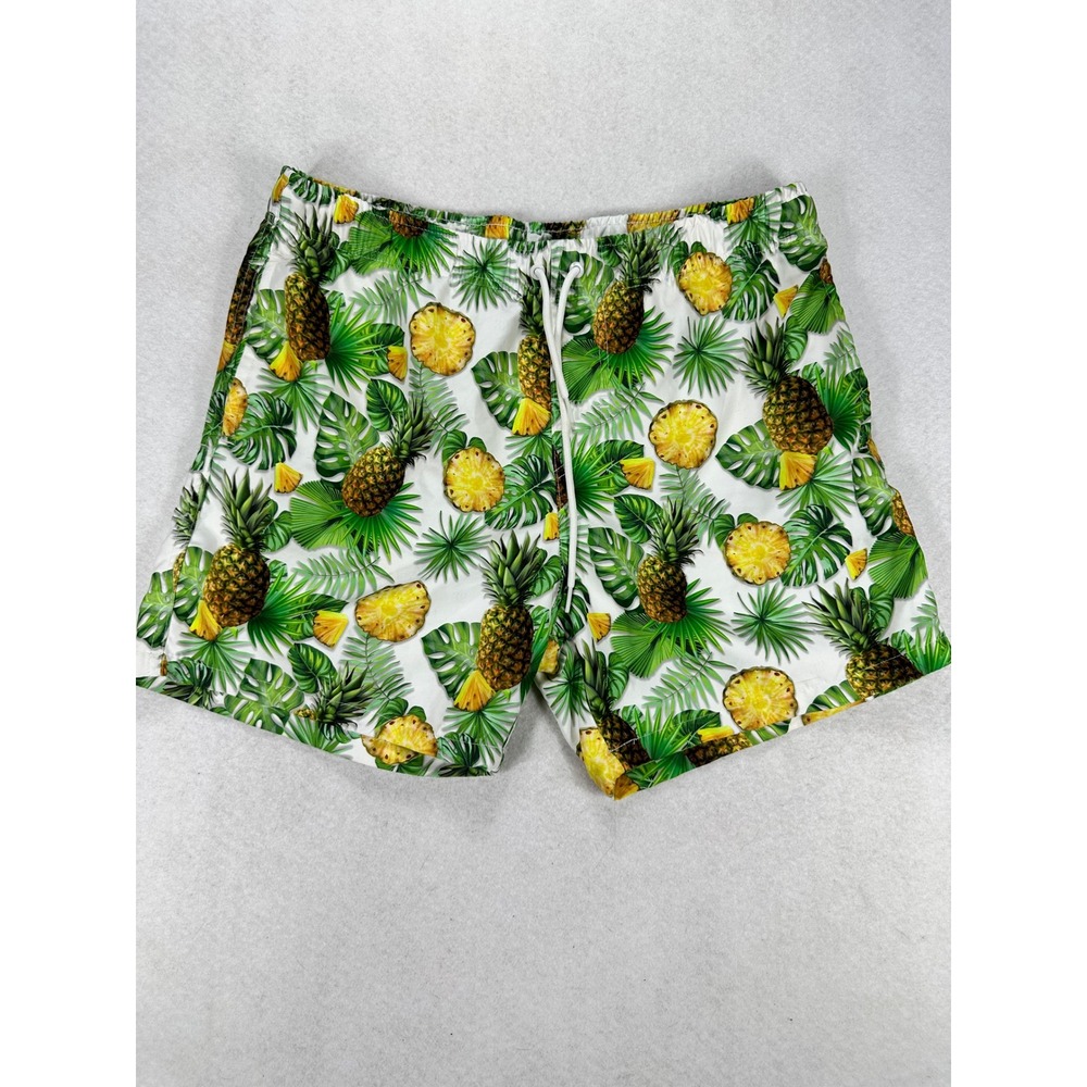 Ring of Fire Mens XL Pineapple Tropical Print Swim Trunks White Green Yellow